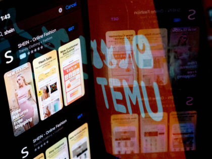 This photo illustration shows the Shein app on the App Store reflected in the Temu logo, i