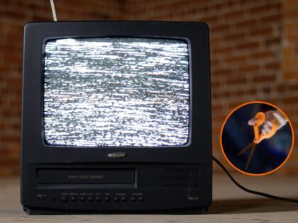Static tv in an industry warehouse (Zach Vessels/Unsplash) // Inset: Scissors in hand (Harry How/Getty Images)