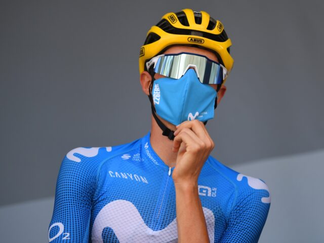 CHAMPAGNOLE, FRANCE - SEPTEMBER 18: Start / Enric Mas Nicolau of Spain and Movistar Team / Mask / Covid safety measures / Team Presentation / during 107th Tour de France 2020, Stage 19 a 166,5km stage from Bourg en Bresse to Champagnole 547m / #TDF2020 / @LeTour / on September …