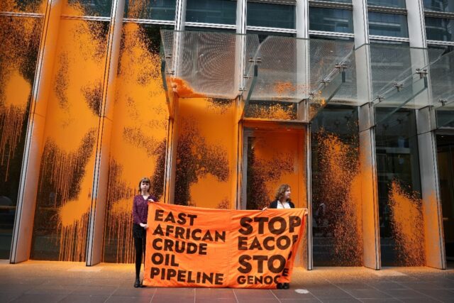 Campaigners targeted the UK headquarters of TotalEnergies with paint to protest a pipeline