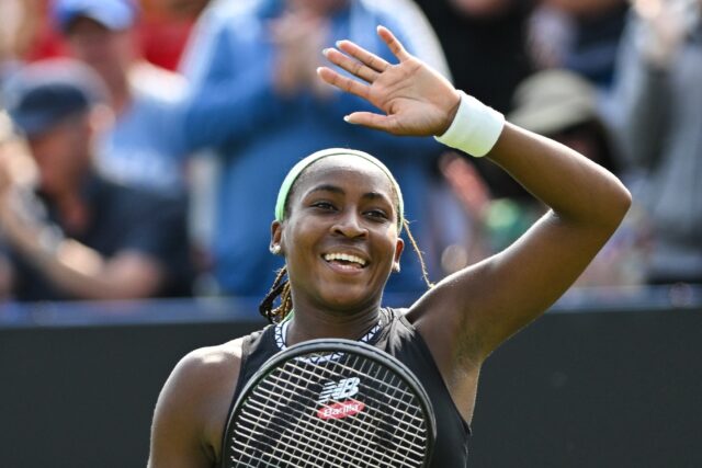 Coco Gauff celebrates her quarter-final win against Jessica Pegula at the Eastbourne Inter