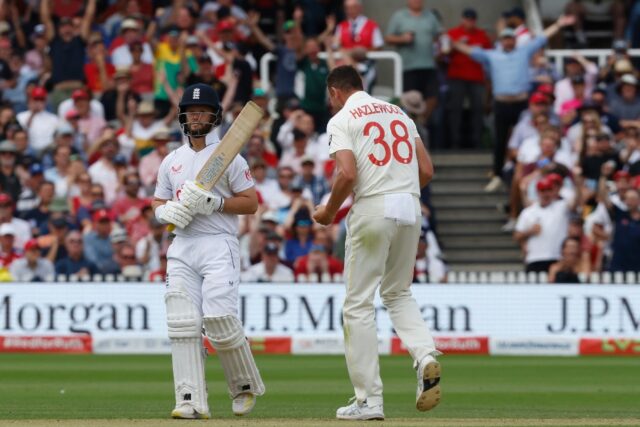 England's Ben Duckett (left) reacts as Australia's Josh Hazlewood celebrates his dismissal