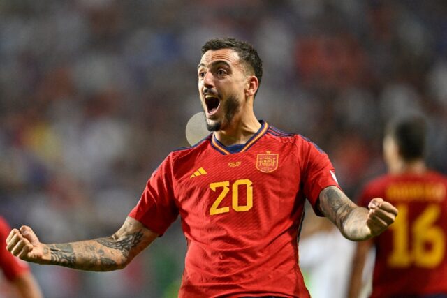 Spain forward Joselu celebrates scoring his team's winning goal against Italy in the Natio
