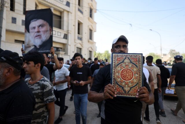 Supporters of Iraqi firebrand Shiite cleric Moqtada Sadr protest outside the Swedish embas