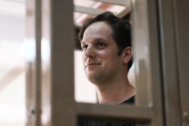 US journalist Evan Gershkovich inside a defendants' cage before his appeal hearing in Russ