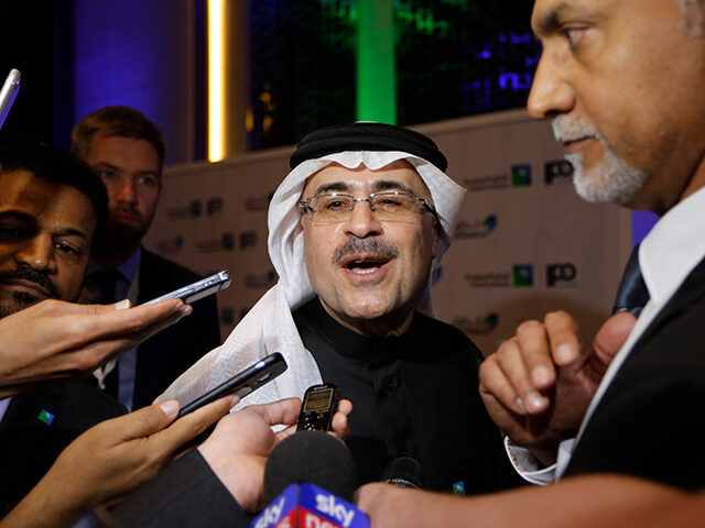 Saudi Arabia's state-owned oil company Aramco CEO Amin Al-Nasser, talks to reporters