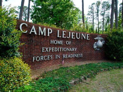 The main gate to the Camp Lejeune Marine Base outside Jacksonville, N.C., is shown on Frid