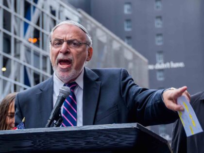 NEW YORK TIMES HEADQUARTERS, NEW YORK, UNITED STATES - 2019/04/29: Assemblyman Dov Hikind - Jewish organizations held a protest outside The New York Times offices, over the alleged anti-Semitic cartoon published in the newspaper depicting Israeli Prime Minister Benjamin Netanyahu as a dog on a leash held by a blind …