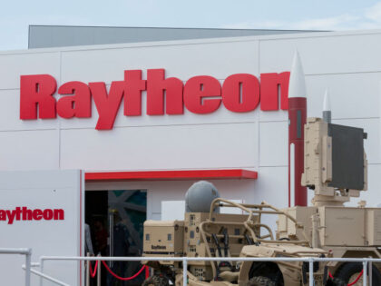 The Raytheon exhibit at the Farnborough Airshow, on 16th July 2018, in Farnborough, Englan