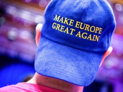 06 March 2019, Bavaria, Dingolfing: A man is wearing a baseball cap with the inscription "Make Europe Great Again" at the FDP Political Ash Wednesday. Photo: Sina Schuldt/dpa (Photo by Sina Schuldt/picture alliance via Getty Images)