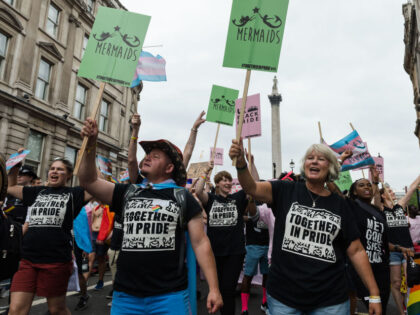 LONDON, UNITED KINGDOM - JULY 06: Members of Mermaids UK, a charity supporting gender-diverse and transgender children, take part in the Pride in London parade on 06 July, 2019 in London, England. The festival, which this year celebrates 50 years since the Stonewall Uprising, attracts hundreds of thousands of people …