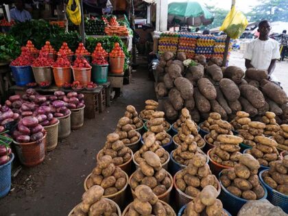 A trader display farm produce at Wuse Market, Abuja, Nigeria, on August 17, 2021. - Threatened by insecurity, farmers in Nigeria's farm belt are increasingly abandoning their land, leading to supply problems and adding to the already high cost of food in Africa's most populous country. Nigeria's Middle Belt and …
