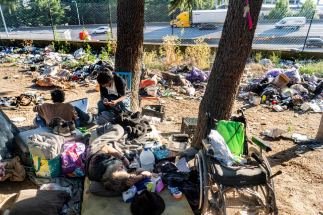 SEATTLE, WASHINGTON - July 22, 2022: Near downtown Seatte and along I-5, a homeless community of tents nicknamed The Treeline live on the edge of the freeway and boarder of redwood trees in Seattle, Washington Friday July 22, 2022. (Melina Mara/The Washington Post via Getty Images)