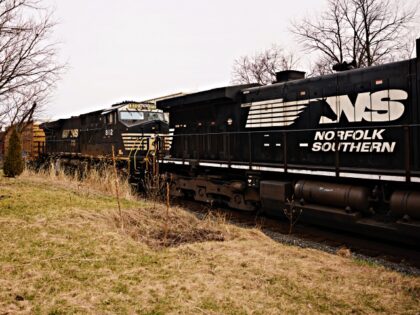 EAST PALESTINE, OH - FEBRUARY 14: A Norfolk Southern train is en route on February 14, 202