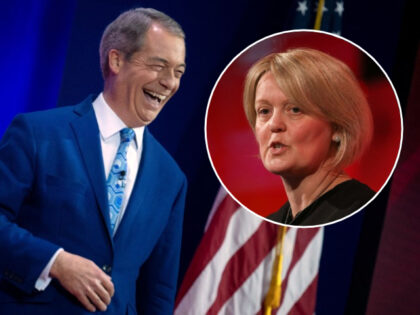 (INSET: NatWest CEO Alison Rose) Nigel Farage arrives to speak at the Conservative Politic