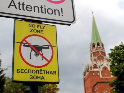 A "No Fly Zone" sign is seen near the Kremlin in Moscow, Russia, on May 3, 2023. Ukraine attempted to assassinate Russian President Vladimir Putin on Tuesday night by using two drones to attack his Kremlin residence, Russia's presidential press service said Wednesday. The Kremlin said the military and special …