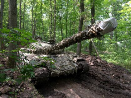 A tank from Ukraine's 3rd Independent Tank Iron Brigade is seen at a position near th