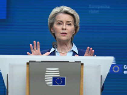 BRUSSELS, BELGIUM - JUNE 30: European Commission President Ursula Von Der Leyen, European Council President Charles Michel (not seen) and Swedish Prime Minister Ulf Kristersson (not seen) hold a joint press conference as part of the European Council Summit in Brussels, Belgium on June 30, 2023. (Photo by Dursun Aydemir/Anadolu …
