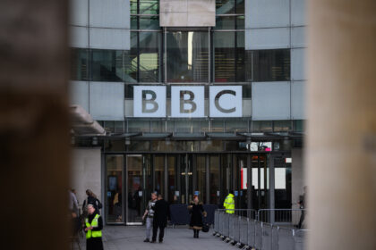 LONDON, ENGLAND - JANUARY 17: The BBC logo is seen at BBC Broadcasting House on January 17, 2022 in London, England. Culture Secretary Nadine Dorries has hinted that the Government will shortly reveal plans to abolish the licence fee in 2027, with the funding frozen for the next two years. …