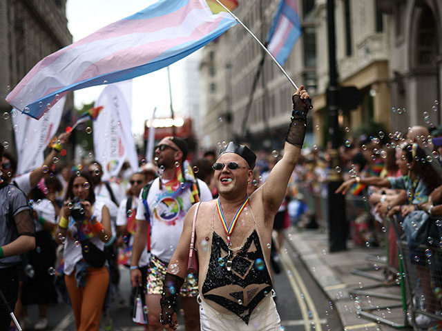 Members of the Lesbian, Gay, Bisexual and Transgender (LGBT+) community take part in the annual Pride Parade in the streets of London on July 1, 2023. (Photo by HENRY NICHOLLS / AFP) (Photo by HENRY NICHOLLS/AFP via Getty Images)