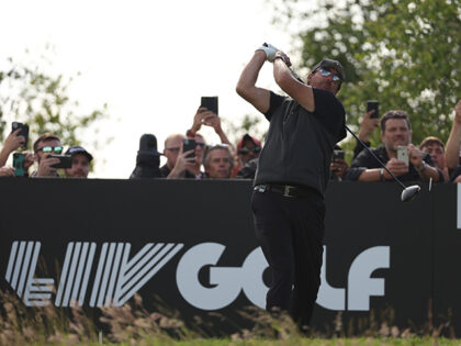 Phil Mickelson of the United States tees off on the 16th hole during day three of the LIV