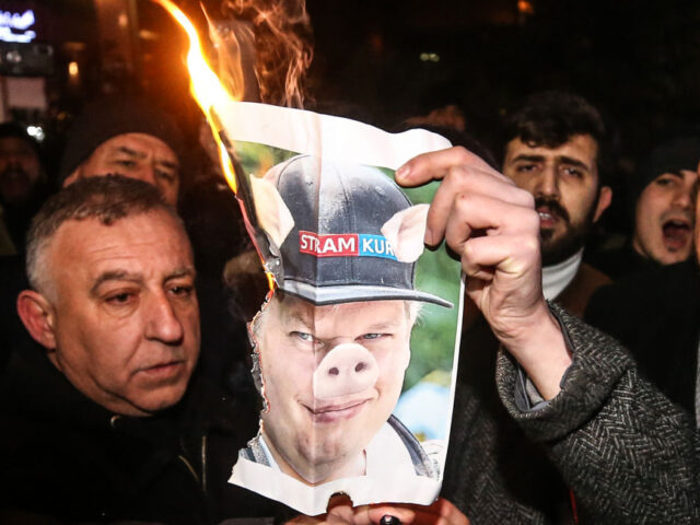 ISTANBUL, TURKEY- JANUARY 28:The burning of the Qur'an in Sweden was Protested on January 28, 2023 in Istanbul, Turkey. A group reacting to the burning of the Qur'an in front of the Turkish Embassy in Stockholm protested by burning the photo of Stram Kurs in Istanbul. (Photo by Huseyin Yavuz/ …