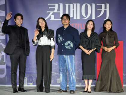SEOUL, SOUTH KOREA - APRIL 11: (L-H) South korean actor Ryu Soo-young, actress Seo Yi-sook, film director Oh Jin-seok, actresses Moon So-ri, and Kim Hee-ae during a press conference of Netflix's "Queenmaker" at CGV Yongsan on April 11, 2023 in Seoul, South Korea. (Photo by The Chosunilbo JNS/Imazins via Getty …