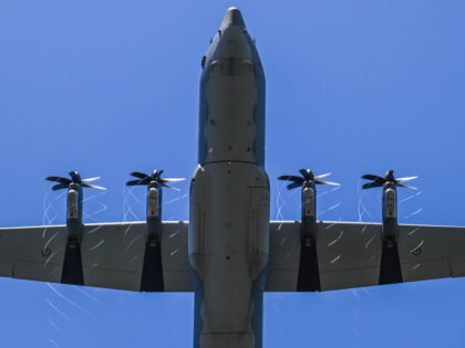 CANBERRA, AUSTRALIA - APRIL 25: A C130 Hercules during a flypast over Australian War Memor