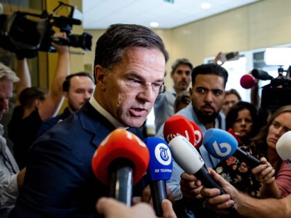 Outgoing Prime Minister Mark Rutte speaks to the press during a suspension after his state