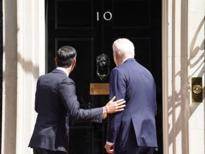 Prime Minister Rishi Sunak greets US President Joe Biden outside 10 Downing Street, London, ahead of a meeting during his visit to the UK. Picture date: Monday July 10, 2023. (Photo by Stefan Rousseau/PA Images via Getty Images)