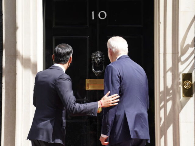 Prime Minister Rishi Sunak greets US President Joe Biden outside 10 Downing Street, London