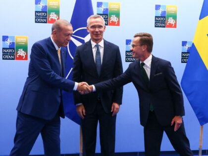 Turkish President Tayyip Erdogan (L) and Swedish Prime Minister Ulf Kristersson shake hands next to NATO Secretary-General Jens Stoltenberg prior to their meeting, on the eve of a NATO summit, in Vilnius on July 10, 2023. (Photo by YVES HERMAN / POOL / AFP) (Photo by YVES HERMAN/POOL/AFP via Getty …