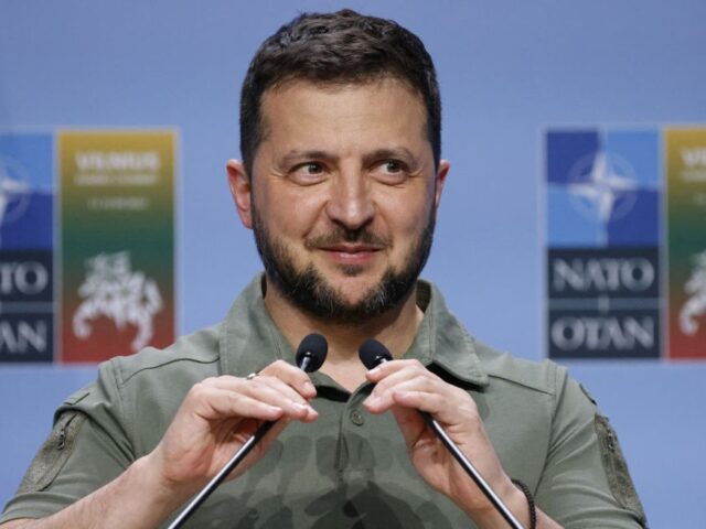 Ukraine's President Volodymyr Zelensky gives a press conference during the NATO Summi