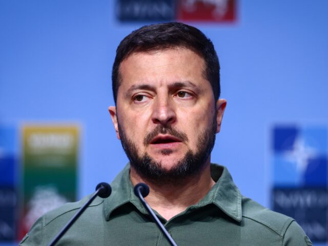 President of Ukraine, Volodymyr Zelenskyy, speaks at a press conference during NATO Summit