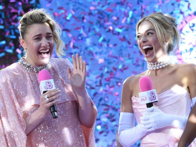 Greta Gerwig, Margot Robbie and Clara Amfo on stage during The European Premiere Of "Barbie" at Cineworld Leicester Square on July 12, 2023 in London, England. (Photo by Antony Jones/Getty Images for Warner Bros.)