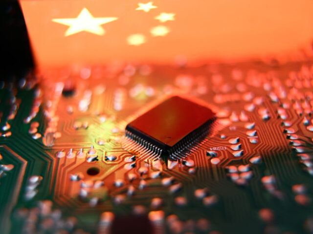 Flag of China displayed on a phone screen and microchip and are seen in this illustration