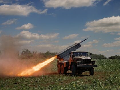 ZAPORIZHZHIA OBLAST, UKRAINE - JUNE 27: Ukrainian “Grad” multiple rocket launcher fires standing in a field near Orikhiv on June 27, 2023 in Zaporizhzhia Oblast, Ukraine. (Photo by Serhii Mykhalchuk/Global Images Ukraine via Getty Images)
