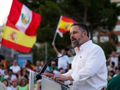 Santiago Abascal, leader of Vox, speaks at the Vox party election rally in Madrid, Spain,
