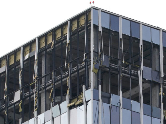 A view of a damaged business centre on Likhacheva Street after a reported drone attack in