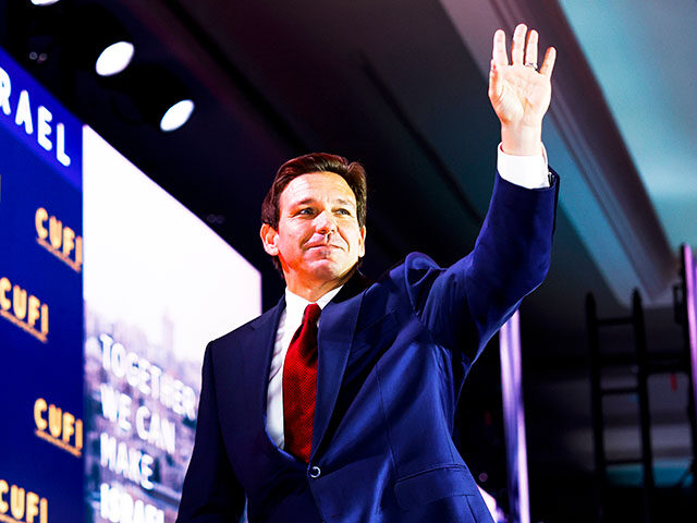 Republican presidential candidate Florida Governor Ron DeSantis departs after delivering r