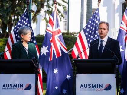 Antony Blinken, US secretary of state, right, speaks as Penny Wong, Australia's foreign af