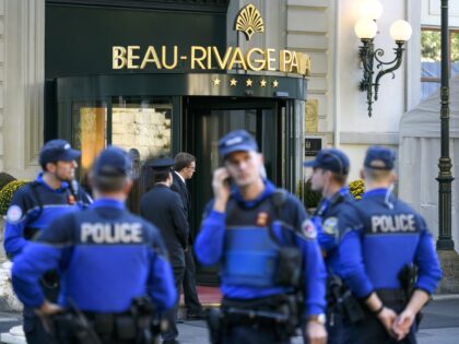 Police officers patrol in front of the hotel hosting talks on Syria, on October 15, 2016 in Lausanne. Top diplomats were to meet in Switzerland in a fresh push to revive a ceasefire in Syria, after pro-government forces intensified their bombardment of the battered city of Aleppo. Since the collapse …