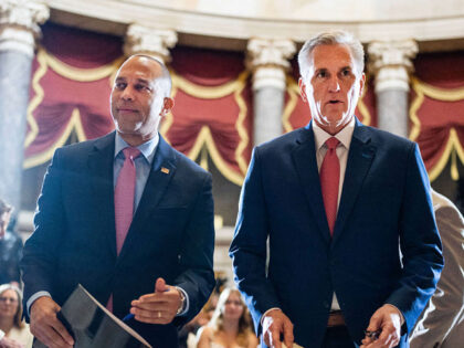 UNITED STATES - JUNE 7: Speaker of the House Kevin McCarthy, R-Calif., right, and House Minority Leader Hakeem Jeffries, D-N.Y., arrive to the statue dedication and unveiling ceremony for author Willa Cather in the U.S. Capitol's Statuary Hall on Wednesday, June 7, 2023. Rep. Nancy Pelosi, D-Calif., appears at left. …