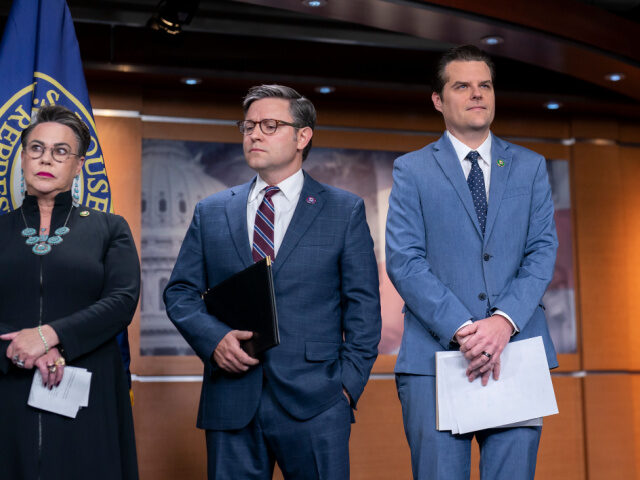 From left, Rep. Harriet Hageman, R-Wyo., Rep. Mike Johnson, R-La., and Rep. Matt Gaetz, R-Fla., stand at a news conference just before a House Judiciary subcommittee hearing on what Republicans say is the politicization of the FBI and Justice Department and attacks on American civil liberties, at the Capitol in …