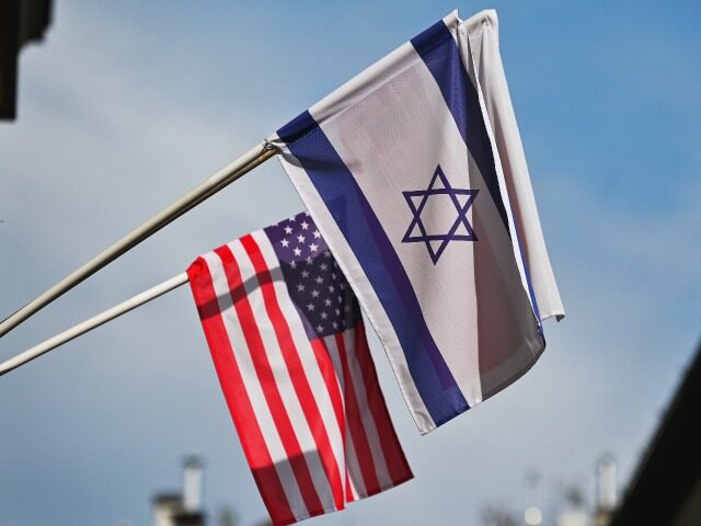 Israeli and U.S. flags seen in Krakow. On Sunday, August 28, 2022, in Krakow, Lesser Polan