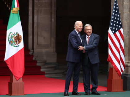 MEXICO CITY, MEXICO - JANUARY 09: U.S. President Joe Biden and President of Mexico Andres Manuel Lopez Obrador shake hands during a welcome ceremony as part of the '2023 North American Leaders' Summit at Palacio Nacional on January 09, 2023 in Mexico City, Mexico. President Lopez Obrador, USA President Joe …
