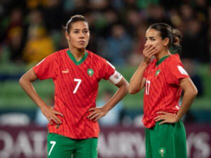 MELBOURNE, AUSTRALIA - JULY 24: Ghizlane Chebbak and Hanane Ait El Haj of Morocco look dejected during the FIFA Women's World Cup Australia & New Zealand 2023 Group H match between Germany and Morocco at Melbourne Rectangular Stadium on July 24, 2023 in Melbourne, Australia. (Photo by Joe Prior/Visionhaus via …