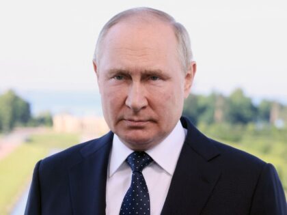 TOPSHOT - Russian President Vladimir Putin delivers a video address to participants of the
