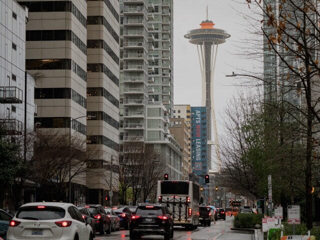 SEATTLE, WA. - APRIL 7: A view of the Space Needle from the Amazon headquarters campus on