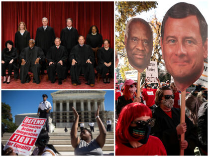 Collage of Supreme Court justices and affirmative action, and SCOTUS protests (Getty // Andrew Burton/Getty Images)